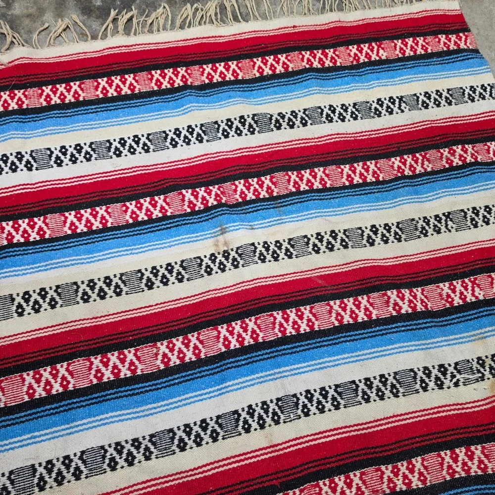 Vintage Mexican Serape Blanket Rug Striped Geometric Fringe Good 84
